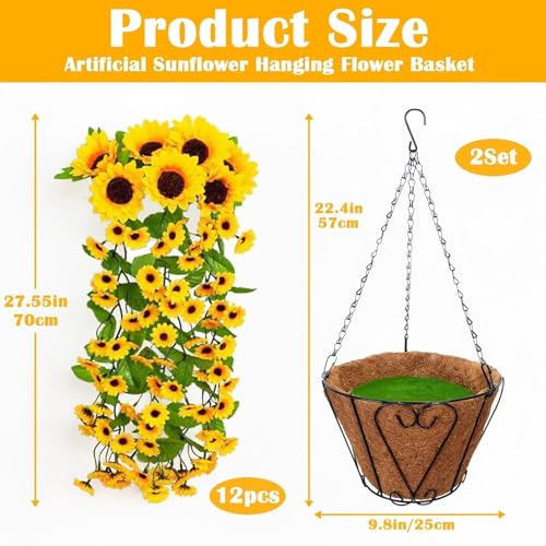 Zythrem 2 Set Artificial Flower Hanging Baskets Fake Sunflower Baskets Outdoor UV Resistant Fake Hanging Plants Baskets for Front Porch Patio Garden Yard Home Spring Summer (Yellow) - size: 27in