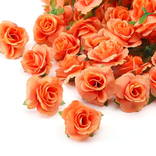 100 Pcs Mini Orange Roses Artificial Flowers Bulk, 1.9" Small Silk Fake Roses Flower Heads for Decoration, Wedding Centerpieces Bridal Shower Party Home Decor,DIY Crafts (Orange) - color: Orange
