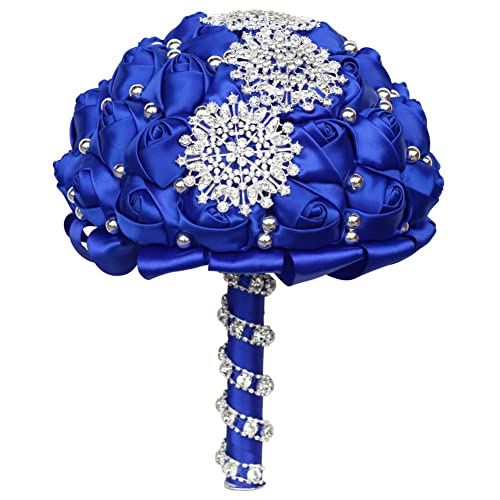 Royal Blue Bridal Wedding Bouquet with Bling Rhinestone Pearl for Bride Bridesmaid Quinceanera Satin Rose Flower Brooch Bouquet Wedding Royal Blue 9.5in - color: ['Royal Blue'], size: Diameter: 9.5 inches