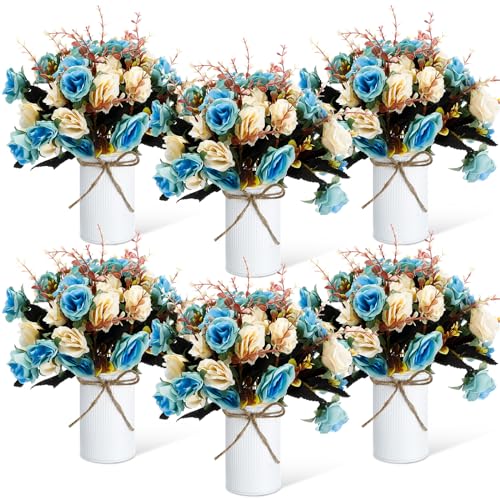 Domensi 6 Sets Wedding Centerpiece for Table Artificial Rose with Vase Fake Bouquets and Metal Pot Flower Arrangements for Bridal Shower Birthday Party Event Table Decor (Teal) - color: Teal
