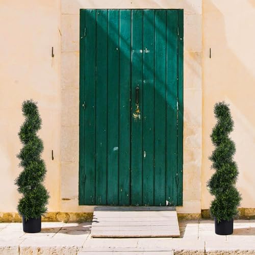 4FT Spiral Artificial Topiary Trees, Artificial Outdoor Plants - Faux Cedar Trees for Front Porch Indoor Outdoor Decor Artificial Plants UV Resistant Set of 2 - size: 4ft
