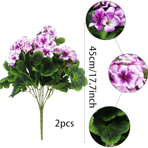 2 Pcs Artificial Geraniums for Outdoors Silk Cemetery Flowers Faux Geraniums Flowers for Planter Outdoor Garden Patio Grave Cemetary Vase Centerpiece Indoor Porch Decor Gradient Purple - color: Purple