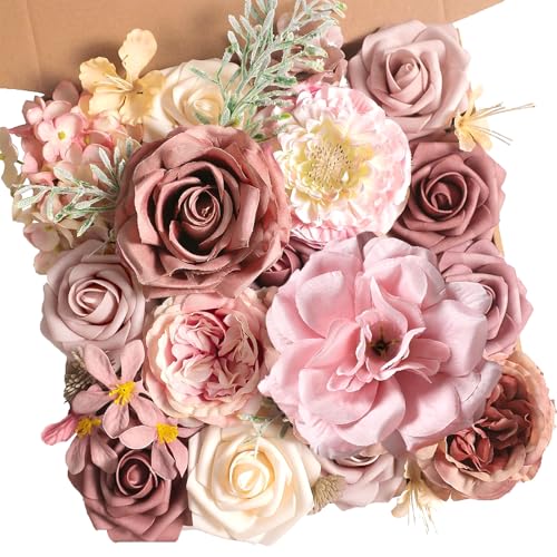 Dusty Rose Artificial Flowers Set - Fake Roses, Peonies, Silk Flowers with Stems for DIY Wedding Bouquets,Floral Arrangement,Table Centerpieces,Baby Shower, Home Decor - color: Garden Dusty Pink Rose