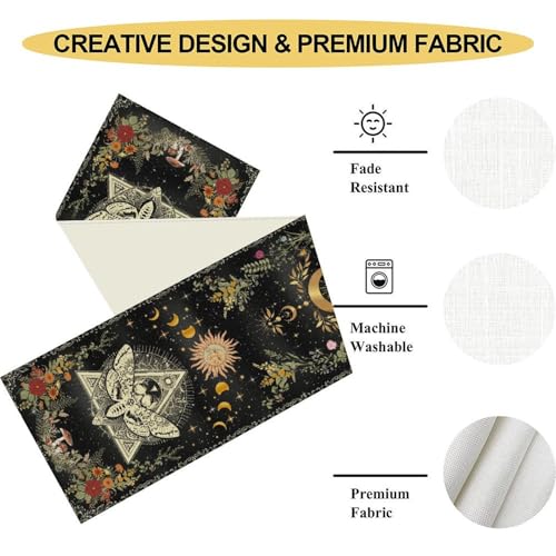 Gothic Moth Table Runner, Boho Gothic Sun Moon Phase Wildflower Mystical Witchy Farmhouse Coffee Table Center Decor for Home Kitchen Dining Patio Holiday Party Table Decorations 13x36 inches - color: Tr-moth01, size: 13x36" Table Runner