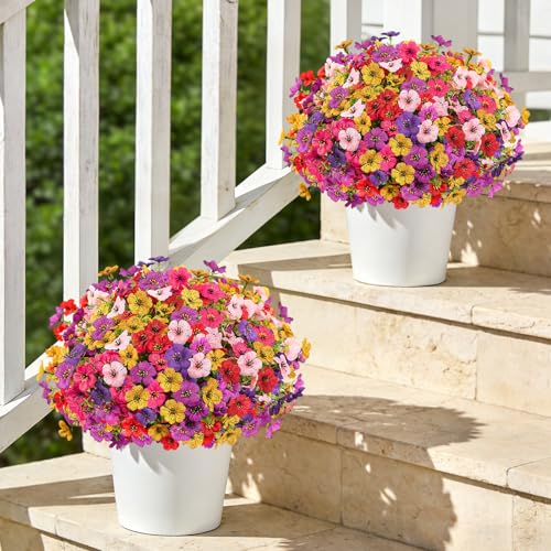 Artificial Flowers Faux Plants for Outdoor, 12 Bundles Realistic Silk Artificial Daisy with Eucalyptus, UV Resistant Fake Flower Plants for Outside Front Porch Garden Patio Decor (Mix-6 Colors) - color: Mix-6 Colors