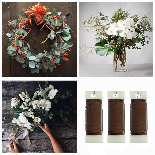 3 Rolls 22 Gauge Brown Paddle Wire Flexible Floral Wire for Flower Arrangement, Wreath, Garland - color: Brown