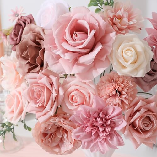 Floweroyal Artificial Flowers Fake Rose Flowers Dahlia with Stems for DIY Wedding Bridal Bouquets, Baby Shower, Floral Arrangement, Table Centerpieces, Home Decorations - color: A Classic Dusty Rose & Dahlia