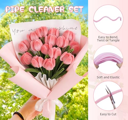 400 Pcs Pink Pipe Cleaners Craft, 4 Colors Chenille Stems Pastel Pipe Cleaners with Instruction, Flowers Craft Supplies for DIY Flower Bouquets, Home, Wedding and Party Decorations, and Gifts - color: Pink, size: 400pcs