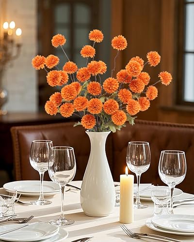 DuHouse 6pcs Artificial Flowers Faux Silk Pompon Mum,Silk Small Mini Chrysanthemum Ball with Stems for DIY Bouquets Centerpieces Vase Home Table Kitchen Decorations(Orange) - color: Orange, size: 6pcs