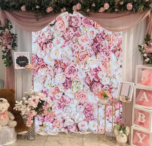 5x7ft Pink Rose Floral Wall Backdrop Flower Wall Decorations Photography Background for Wedding Mother's Day Birthday Bridal Shower Valentine's Day Party Decoration Banner Studio Props - size: 5x7ft
