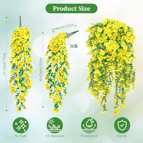 Artificial Hanging Flowers for Outdoors, 6Pcs UV Resistant Morning Glory Vines Fake Flowers with Eucalyptus, Realistic Silk Faux Hanging Plants Decor for Outside Planter Porch Patio (Yellow) - color: Yellow
