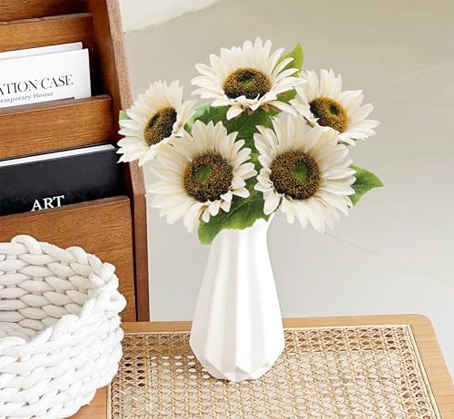 LILOCOO 5pcs Artificial Sunflowers Vintage Fake Silk Sunflowers Fake Bouquet Large Decor for Home Hotel Office Wedding Party Garden(White) - color: White