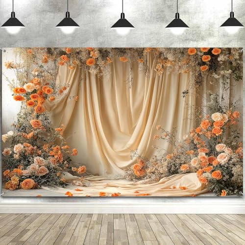 5X3ft Floral Photography Backdrop, Retro Flowers Backdrop Dreamlike Wedding Portrait Photo Background Romantic Wedding Birthday Bridal Shower Engagement Party Background Banner Decor, Orange-1 - color: Orange-1, size: 5x3ft