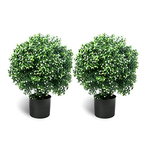 Sunnyglade 21.6” Tall Artificial Jasmine Topiary Ball Tree Set of 2 Pack Potted Bushes UV Resistant Potted Plants for Indoor Outdoor Home Garden (White) - color: White