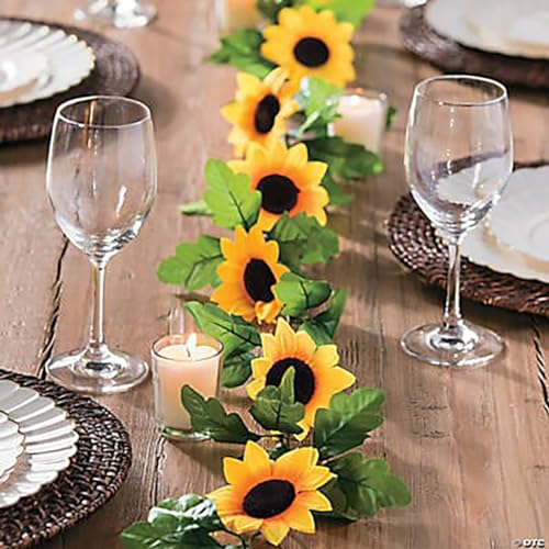 2 Pack Artificial Sunflower Garland Faux Silk Decor Sunflower Vine Hanging Flowers for Outdoor with Green Leaves Home Wedding Party Decoration