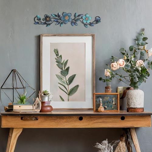 Wesiti Metal Flower Wall Decor Vintage Metal Flower Wrought Iron Scroll Sculpture 15.7''x3.7'' Not 3D, Flat Farmhouse Leaf Wall Decor with Nails for Summer Bedroom Kitchen Indoor Outdoor(Blue) - color: Blue