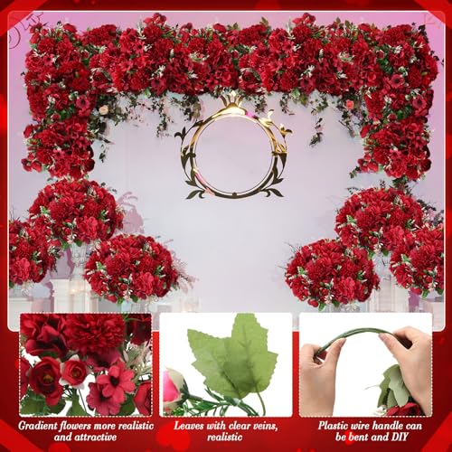 Tigeen Peonies Artificial Flowers Faux Roses Silk Flowers Hydrangea Artificial Bouquet for Wedding Table Centerpiece Floral Vase Home Office Bridal Decor(Wine Red,24 Bundles) - color: Wine Red