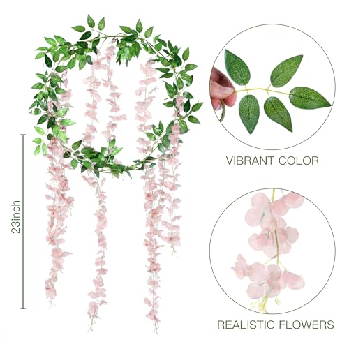 Sggvecsy 6Pcs Wisteria Garland Artificial Flowers Garland Fake Hanging Wisteria Vines Rattan Silk Hanging Flower Vines for Home Garden Outdoor Wedding Arch Party Ceremony Total 35.4Ft (Pink) - color: Pink