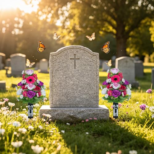 Artificial Flowers for Cemetery Grave: 2 Pcs Memorial Day Grave Decorations for Cemetery - Fake Purple Pink Roses Funeral Flowers Arrangements with Vase for Mothers Gravesite Outdoor - color: Pink & Purple
