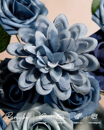 BSMYBO Dusty Blue Flower Artificial Roses Faux Flowers with Stems Mix Fake Roses Dahlia Chrysanthemum Ball for Wedding Bridal Bouquets, Table Centerpieces, Baby Shower, Party, Home Decorations - color: Dusty Blue, size: PureBlooms