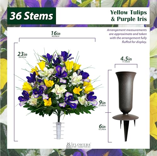 Sympathy Silks Artificial Cemetery Flowers - Grave Decoration - Yellow Tulips and Purple Iris (1) Bouquet (1) Vase - color: Yellow/Purple, size: (1) Bouquet (1) Vase