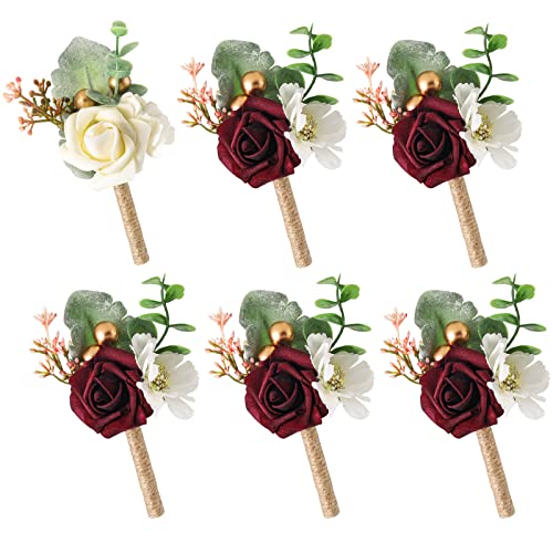 Canlierr 6 Pcs Rose Boutonniere for Men with Pins Wedding Groom and Groomsmen Corsage Artificial Flowers for Vintage Wedding Anniversary Dinner Party Prom Suit Decorations (Wine Red,Creamy White) - color: Wine Red, Creamy White