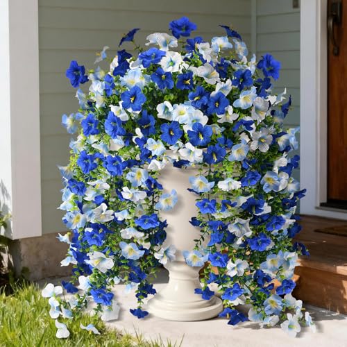Artificial Fake Flowers Plants for Outdoor Spring Summer Decoration,2 PCS Faux Silk Morning Glory with Eucalyptus Leaves,UV Resistant Realistic Outdoor Flowers for Balcony Porch Patio Yard Garden - color: Mixed Color