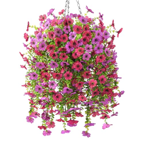 INQCMY Artificial Hanging Flowers with Basket for Spring Outdoor Decoration 3 Bunches of Silk Daisy Flower Uv Resistant for Garden Porch Patio Balcony Yard Decor (Purple Red) - color: Purple Red