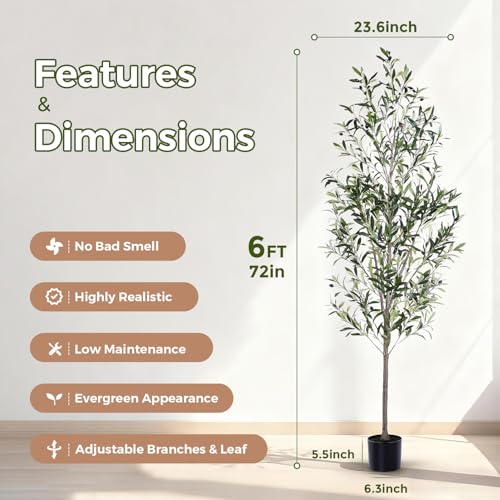 Jocoevol Olive Tree, 6FT Artificial Indoor Tall Faux Olive Trees w/Planter & Natural Wood Trunk and Lifelike Fruits, Fake Olive Artificial Tree for Home Office Decor - size: 6ft