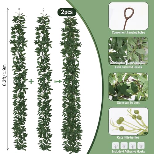 RECUTMS Artificial Olive Leaves Vine 2Pcs 6.2Ft Italian Ruscus Greenery Garland Faux Hanging Silk Leaf Ivy Plant for Indoor Outdoor Home Garden Wedding Birthday Party Table Spring Summer Decor(Green) - color: Olive Leaves Vine Green