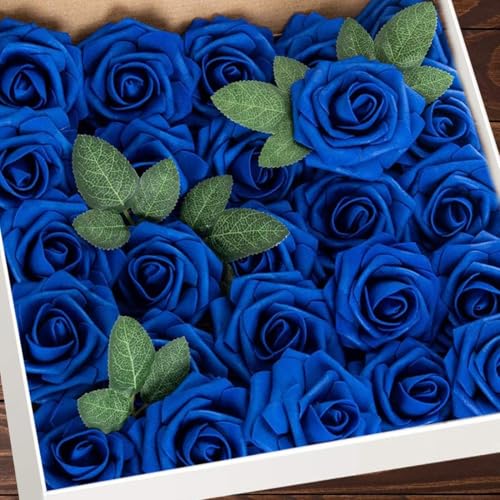Higfra Artificial Flowers 50 Stems Realistic Roses - Lifelike Fake Flowers for Wedding Bouquets, Baby Shower Decor, Home Centerpieces, DIY Floral Arrangements (Royal Blue, 50pcs) - color: Royal Blue, size: 50Pcs