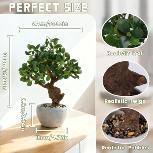 TOARTi Artificial Bonsai Tree Potted Plant with Stone Pot, 15" Tall Fake Potted Faux Plant Desk Decor, Realistic Decorative Plants Indoor Decor for for Home Bedroom Bathroom Office Desk - color: Milan-single Stem 15''