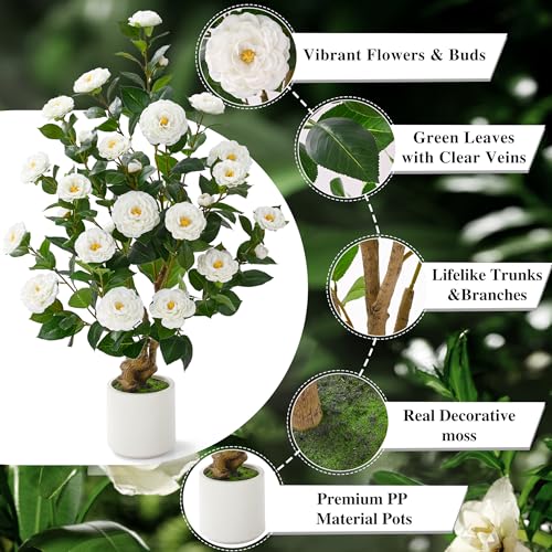 2 Pcs Artificial Camellia Tree, 38" Artificial Tree Plants Outdoor Faux Plants in Pot, Artificial Flower for Outdoors Front Porch Decor, Greenery Faux Fake Tree Plant for Indoor Outdoor Home Decor - color: White