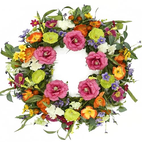 Artificial Spring Summer Wreaths for Front Door 22'' Peony Wreath Colorful Floral Wreath with Peony,Daisy,Poppy Flower Lavender for Indoor Outdoor Farmhouse Home Wall Window Festival Decoration