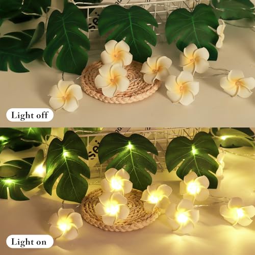 RECUTMS Monstera Leaf String Lights Artificial Foam Plumeria Tropical Palm Leaves Flower 40 LED Battery Operated Fairy Light Hawaiian Luau Beach Party Summer Decorations Outdoor Indoor(White+Green) - color: Green+white