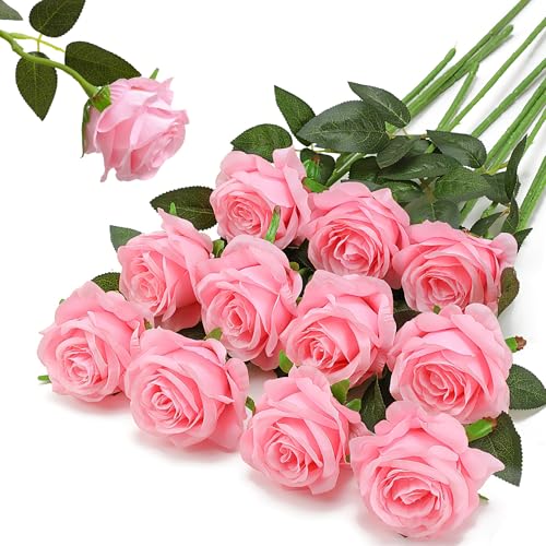 Pink Fake Roses Artificial Flowers - 10 Pcs Fake Artificial Roses Silk Flowers with Stems for Home Wedding Hotel Office Centerpiece Decor - color: Pink, size: 10 Pcs
