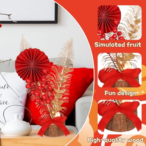Chinese New Year Bonsai Decoration Artificial Red Berries Gold Leaves Bow Blessing Potted Lucky Tree Crafts Chinese Spring Festival Ornaments for Home Office Table Decor Housewarming Gift - color: Red New Year-5