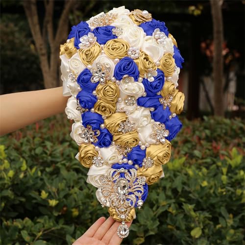 Handmade Satin Rose Water Drop Bridal Bouquet,8.7inch Crystal Wedding Round Tossing Bouquet,Jewelry Proposal Bridesmaid Bouquet Groom Corsage Bride Wrist Flower ivory (07#Ivory Sapphire Gold) - color: 07#ivory Sapphire Gold