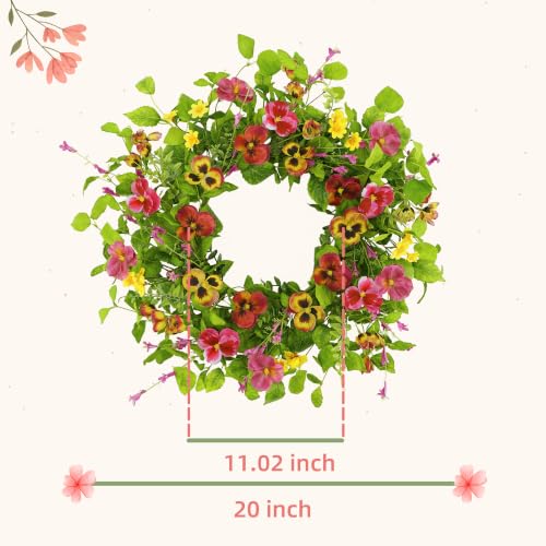 YNYLCHMX 20" Spring Summer Wreaths for Front Door, Artificial Floral Wreath with Ivy Leaves Daisies Pansies Rose Leaves, Green Foliage Wreath for Wall Window Farmhouse Party Holiday Home Decor - color: Daisy&pansy