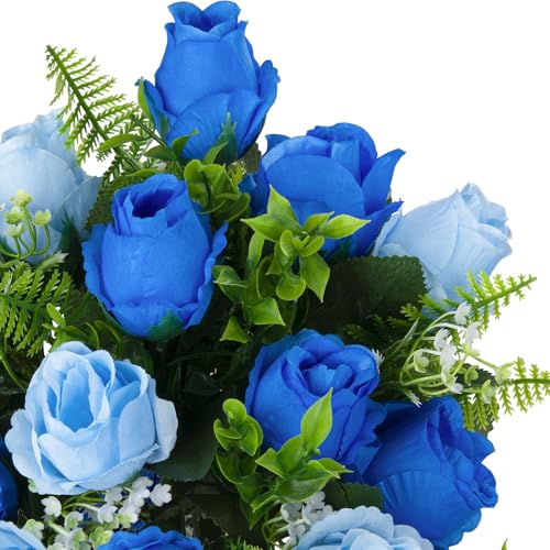 XONOR Artificial Cemetery Flowers for Grave Decorations, Artificial Memorial Roses Flowers Bouquet with Vase for Cemetery Headstones Decoration, 2 Sets (Dark Blue&Light Blue) - color: Dark Blue&light Blue
