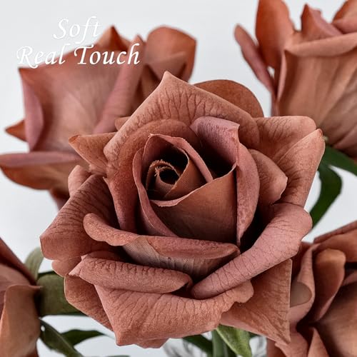 JINWOE 10pcs Artificial Roses Single Stem Faux Rose for Wedding Table Centerpieces Party Home Decoration (Coffee) - color: Coffee