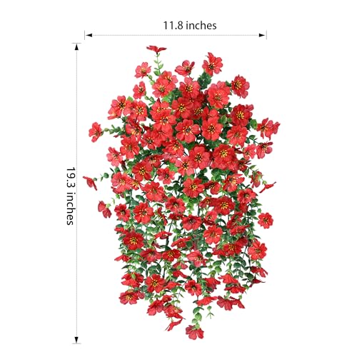 HyeFlora Artificial Hanging Flowers for Outdoors Decoration, 2Pcs Red Fake Spring Summer Decor, Realistic Plants, UV & Fading Resistant Flower for Porch Patio Balcony Planter Yard Home Garland - color: Red