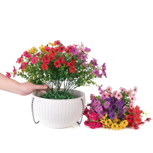 HyeFlora Artificial Faux Hanging Flowers Plants Basket for Outdoor Outside Decoration, Fake Silk Colorful Daisy in Planter for Porch Patio Garden Yard Home - color: 6 Multicolor