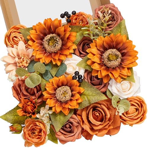 Serwalin Sunflower Artificial Flowers Burnt Orange Fall Flowers Fake Cake Flowers for DIY Wedding Bridal Bouquet Centerpieces Floral Arrangement Fall Decor Baby Shower Home Decor - color: B Orange Sunflower, size: 1 Box