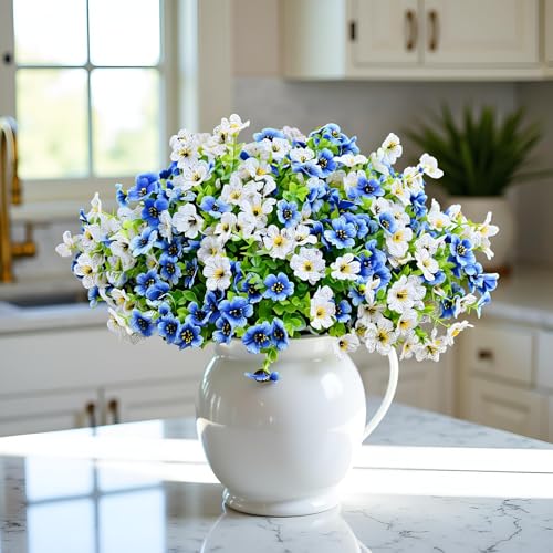 LADADA 6 Bundles Artificial Fake Flowers，Fake Blue Silk Daisy with Eucalyptus for Planter Pot UV Resistant Realistic for Outside Porch Home Patio Garden Decoration (White Blue) - color: White Blue