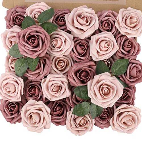 MACTING Artificial Flower Roses Real Touch Fake Flowers with Stem 30PCS Foam Roses for DIY Wedding Bouquet Table Centerpieces Party Holiday Home Spring Valentines Day Decorations(Warm Taupe Nude) - color: Warm Taupe & Nude, size: 30PCS