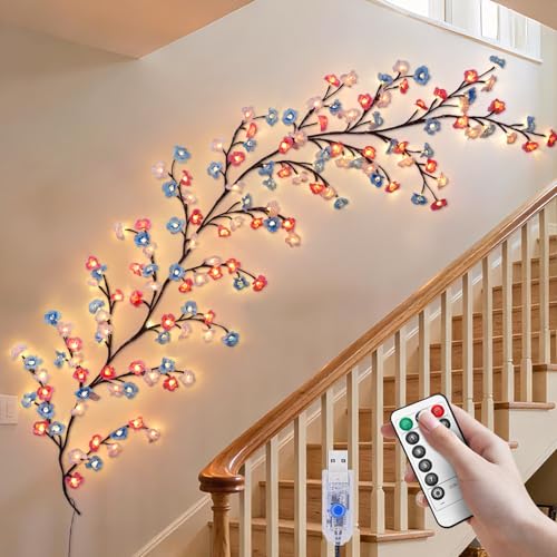 7.55 FT 144 LED Cherry Blossom Tree Branch Lights for Wall,8 Modes Artificial Pink Cherry Blossom Garland with Remote and Timer,Willow Vine Lights (144 LED Three-Color Cherry Blossom) - color: 144 LED Three-Color Cherry Blossom