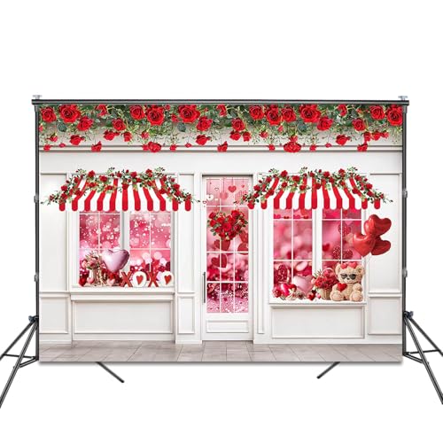 Valentines Photography Backdrop 7x5ft Valentines Shop Red Rose White Wall Photo Background Flowers Shop Wedding Bridal Shower Banner Photo Booth Props