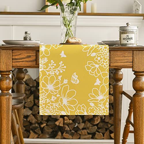 Artoid Mode Yellow Bloom Flowers Butterfly Spring Table Runner, Seasonal Holiday Kitchen Dining Table Decoration for Home Party Indoor 13x72 Inch - color: Yellow, size: 13" x 72", Table Runner