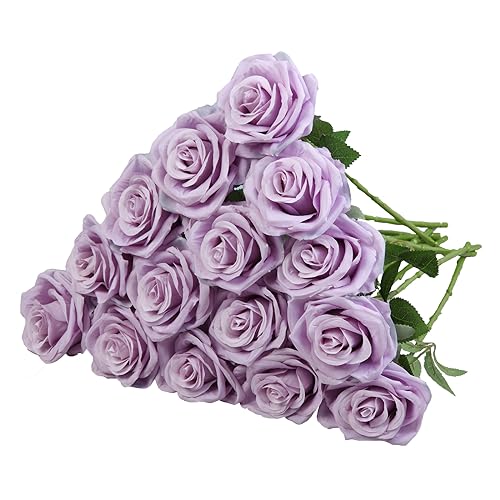 15pcs Fake Roses Artificial Silk Flowers Faux Rose Flower Long Stems Bouquet for Arrangement Wedding Centerpiece Party Home Kitchen Decor - color: Lilac